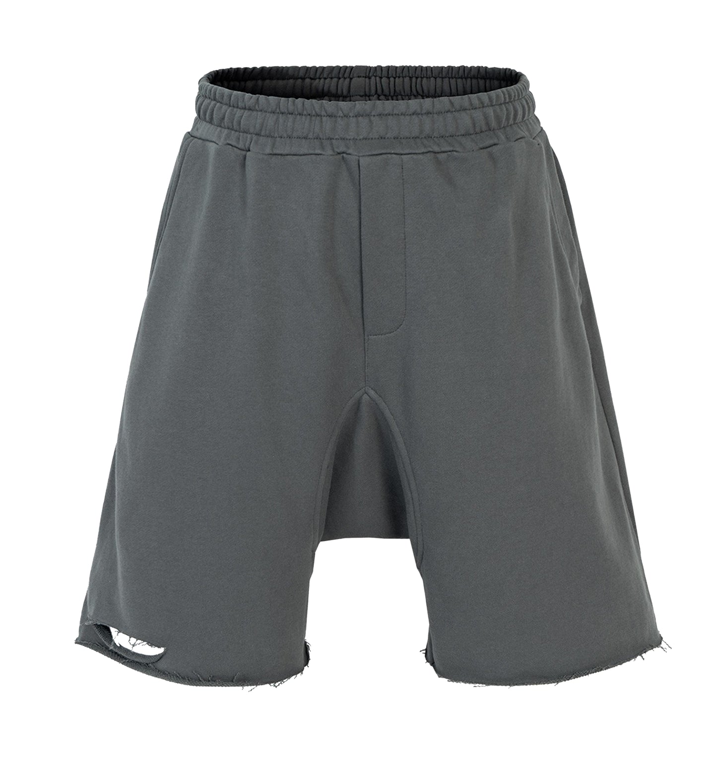 GREY DROP-CROTCH DISTRESSED SHORTS | UNDEVELOPED