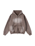 BROWN DISTRESSED ZIP-UP HOODIE