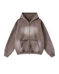 BROWN DISTRESSED ZIP-UP HOODIE
