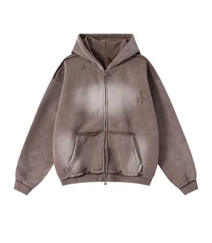 BROWN DISTRESSED ZIP HOODIE | UNDEVELOPED
