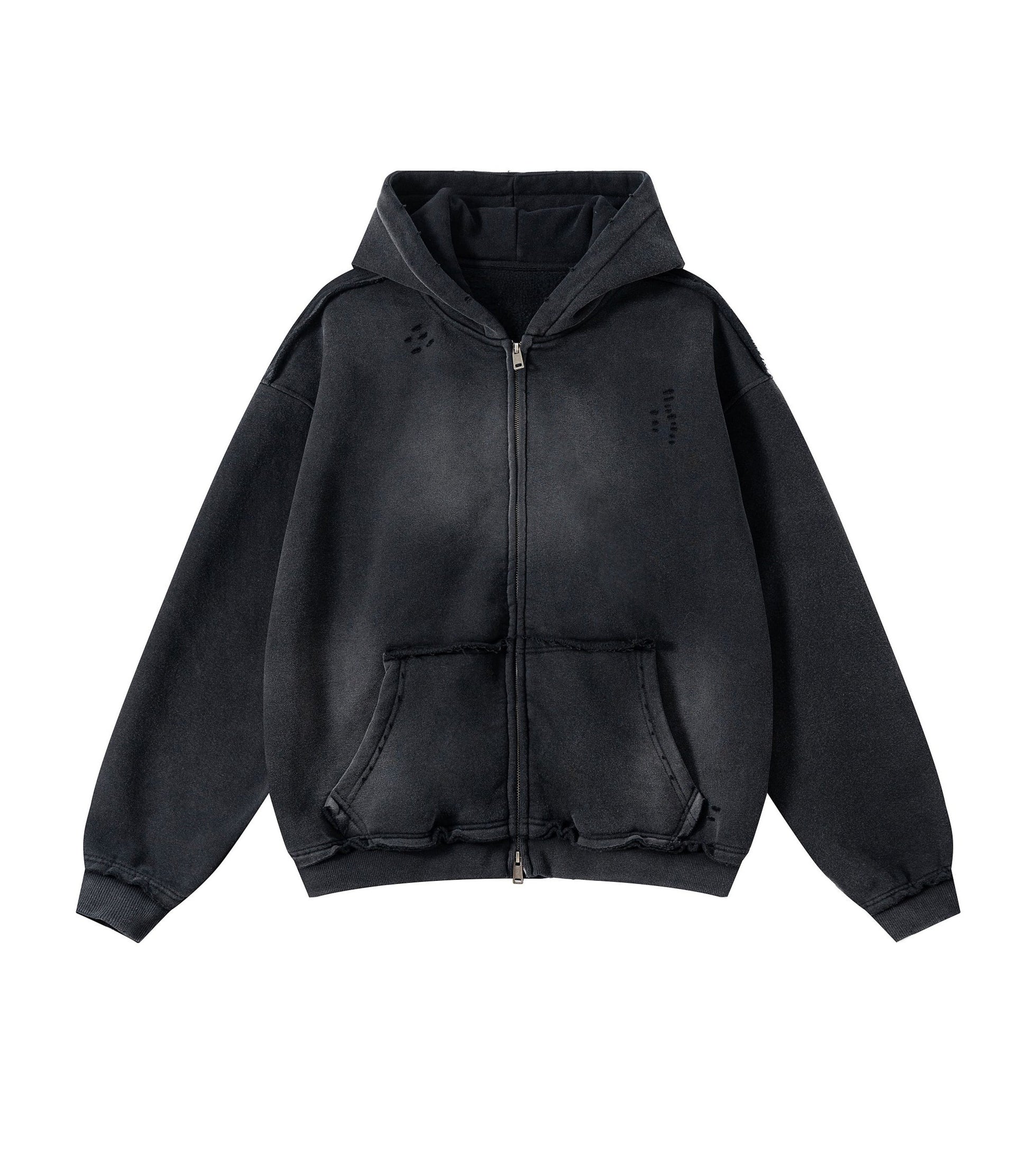 NOIR DISTRESSED ZIP HOODIE hoodies | STREETWEAR APPAREL | UNDEVELOPED