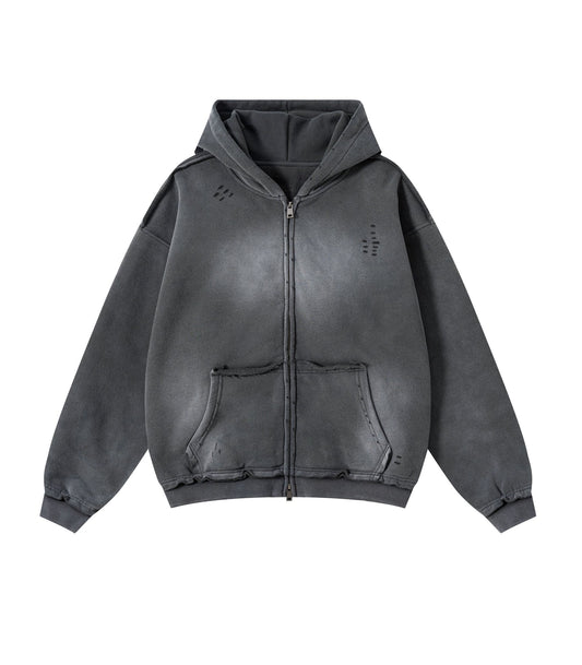 CHARCOAL DISTRESSED ZIP HOODIE | UNDEVELOPED