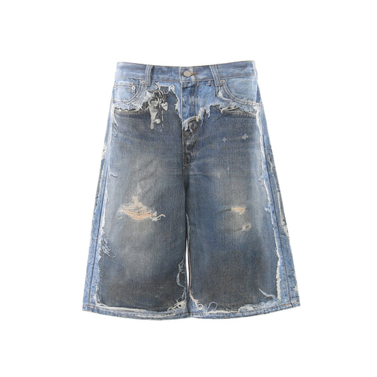 Distressed Printed Shorts by UNDEVELOPED — streetwear denim shorts, front view
