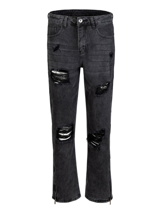 BLACK DISTRESSED ZIP DENIM