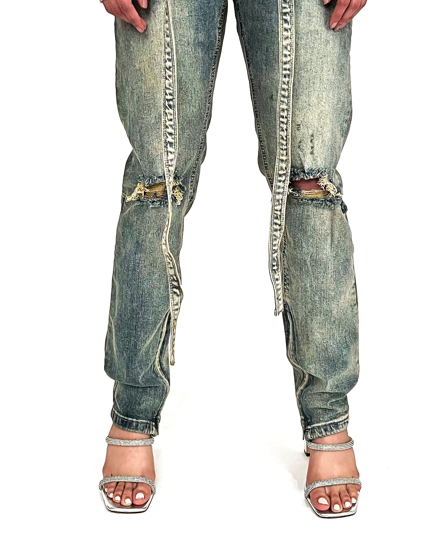 BELTED BLOW OUT ZIP DENIM