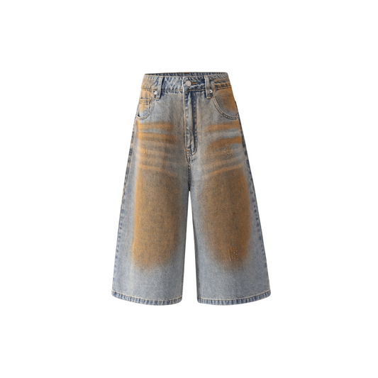 Mud Washed Denim Shorts by UNDEVELOPED — streetwear denim shorts, front view