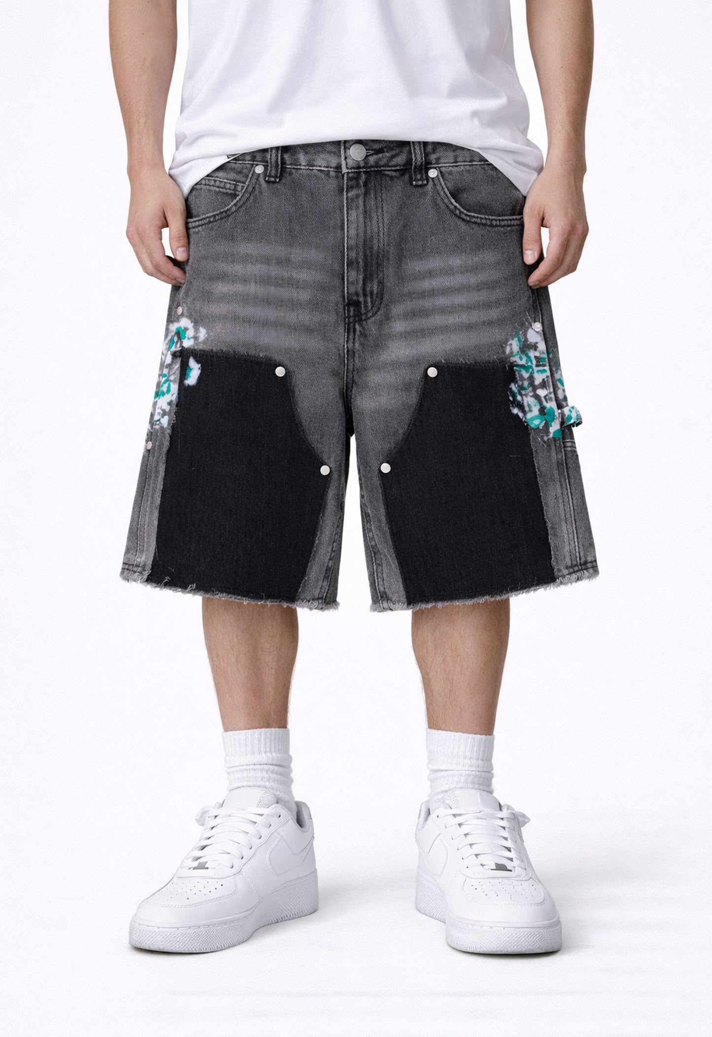 GREY SPLIT PAINTERS SHORTS denim shorts | STREETWEAR APPAREL | UNDEVELOPED