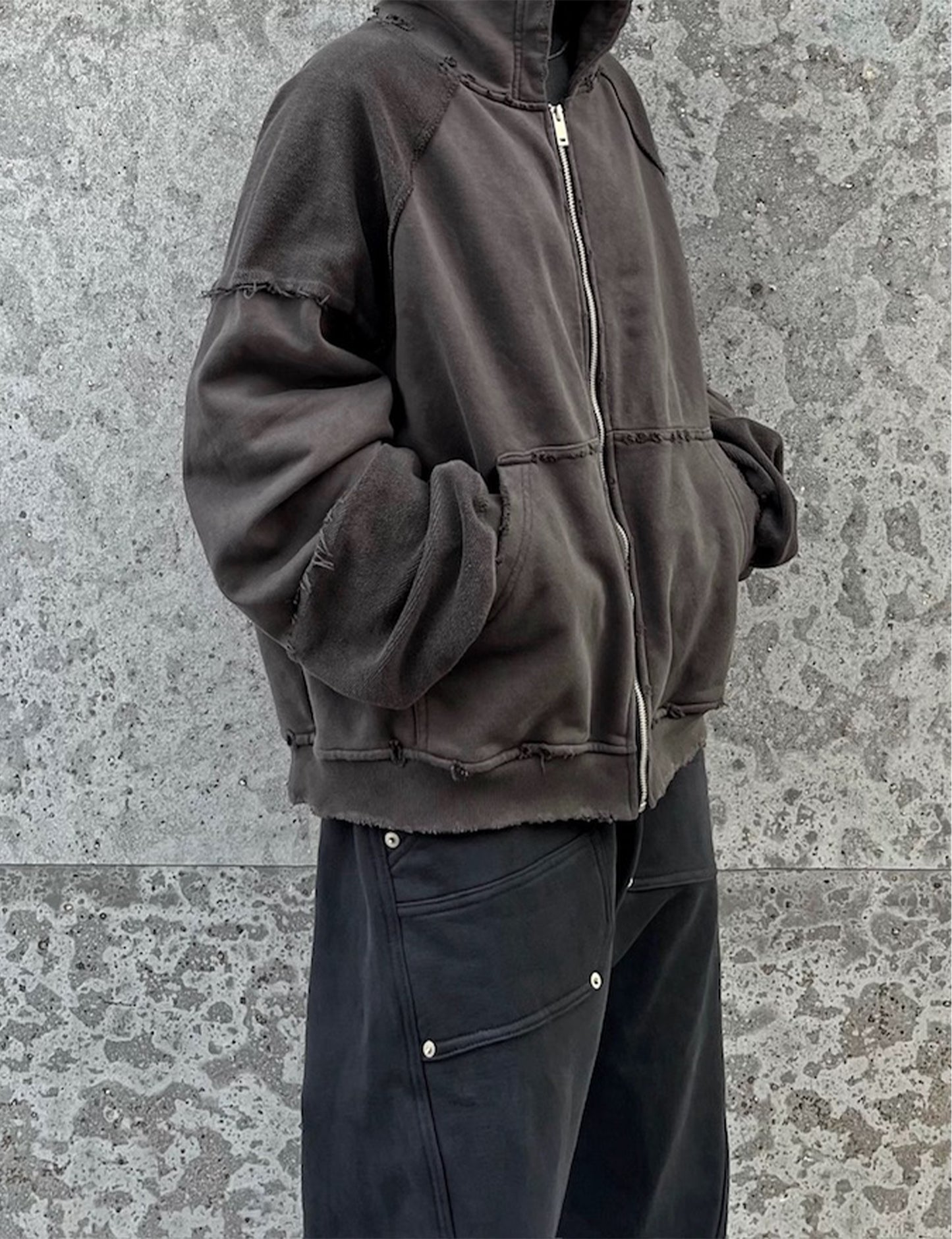 GREY PATCHWORK ZIP HOODIE (OVERSIZED)