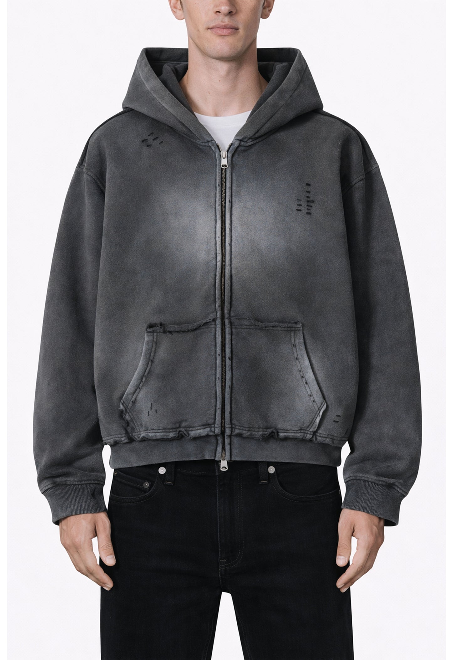 CHARCOAL DISTRESSED ZIP HOODIE hoodies | STREETWEAR APPAREL | UNDEVELOPED