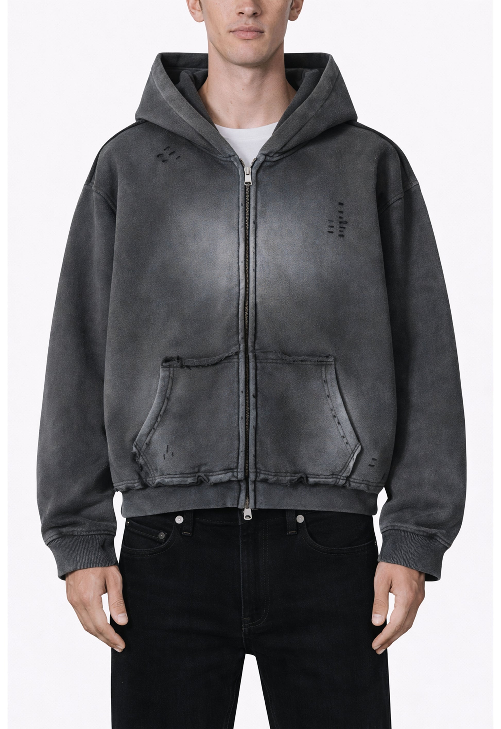 CHARCOAL DISTRESSED ZIP HOODIE hoodies | STREETWEAR APPAREL | UNDEVELOPED