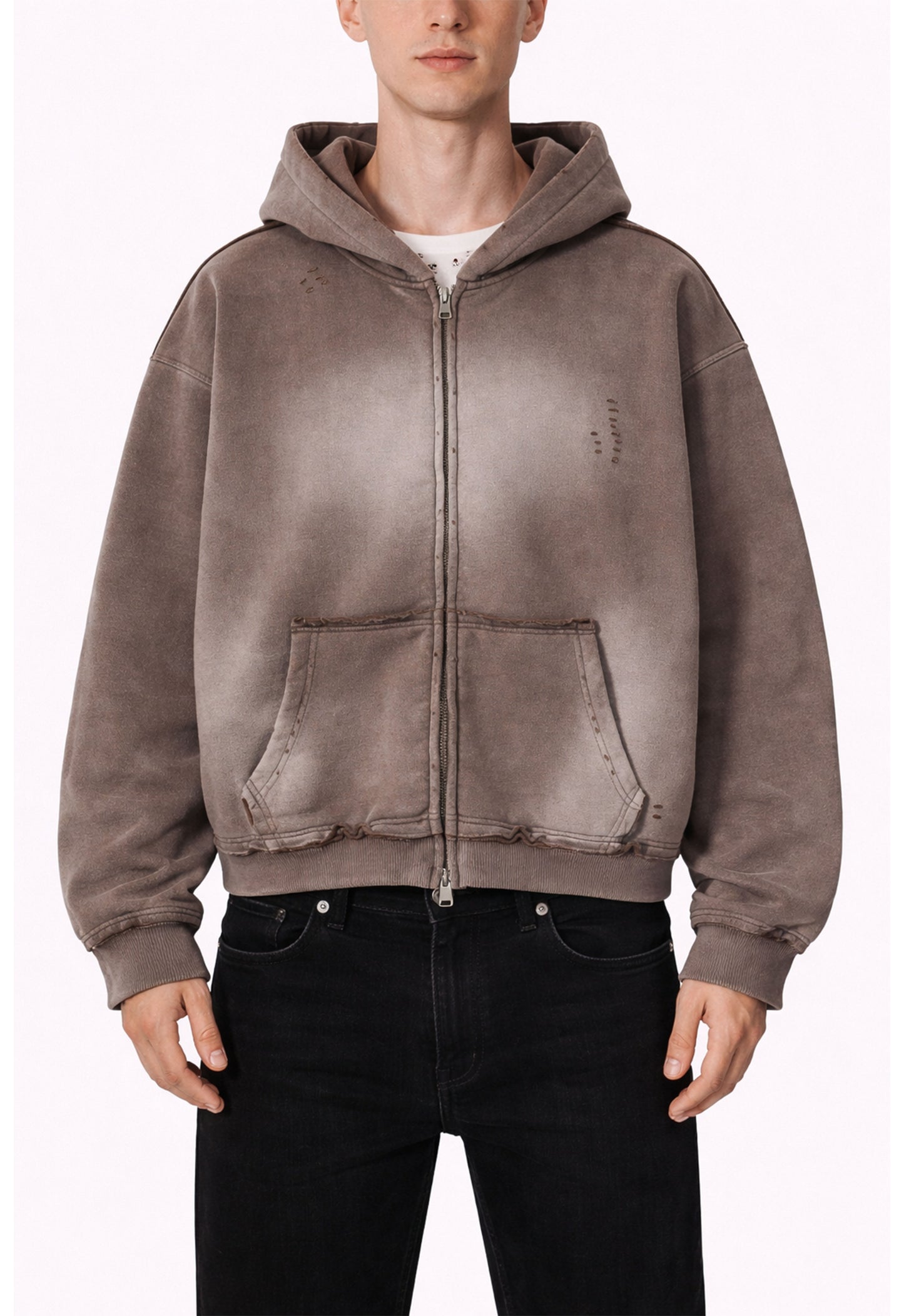 BROWN DISTRESSED ZIP HOODIE Hoodies | STREETWEAR APPAREL | UNDEVELOPED