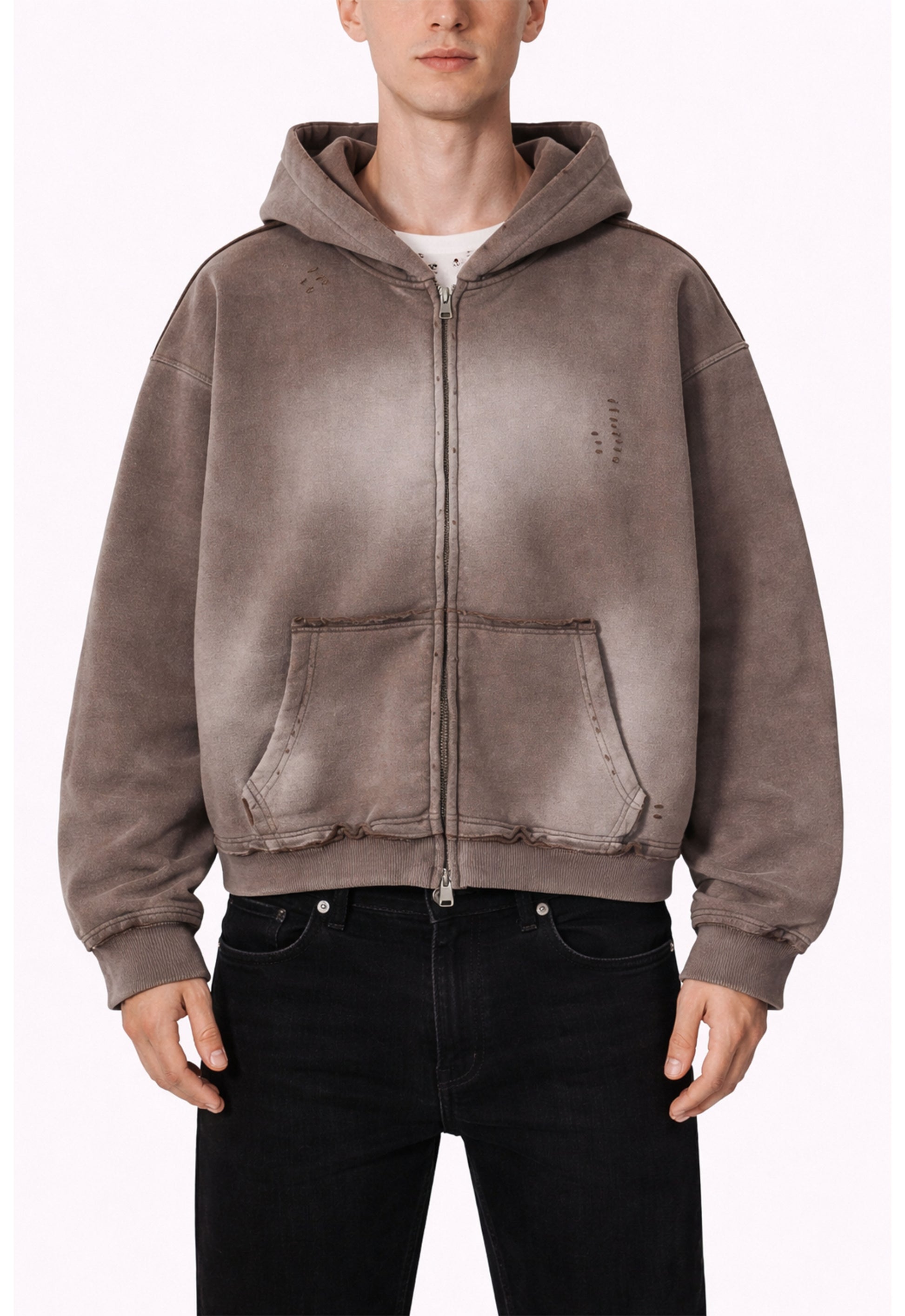 BROWN DISTRESSED ZIP HOODIE Hoodies | STREETWEAR APPAREL | UNDEVELOPED