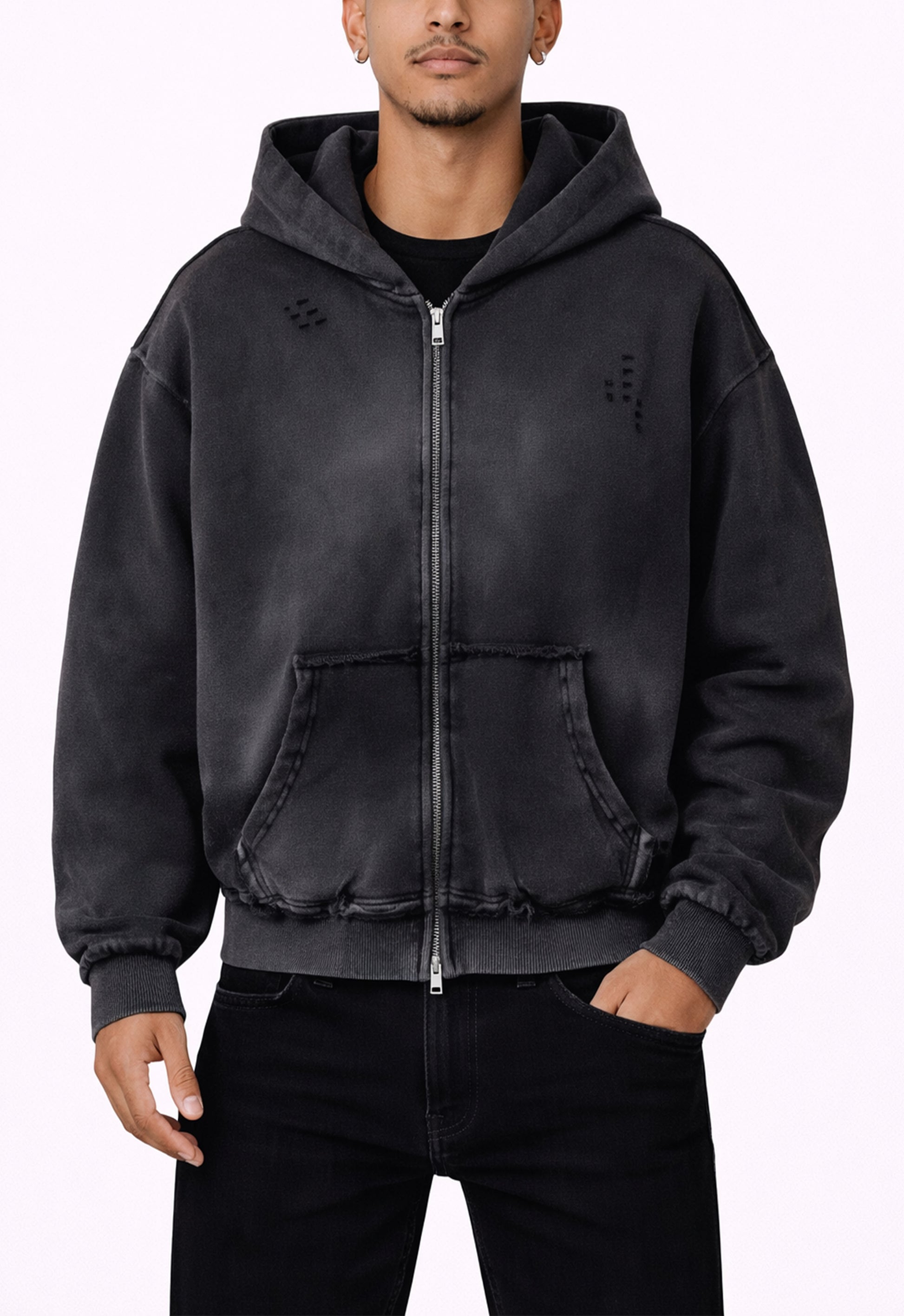 NOIR DISTRESSED ZIP HOODIE hoodies | STREETWEAR APPAREL | UNDEVELOPED
