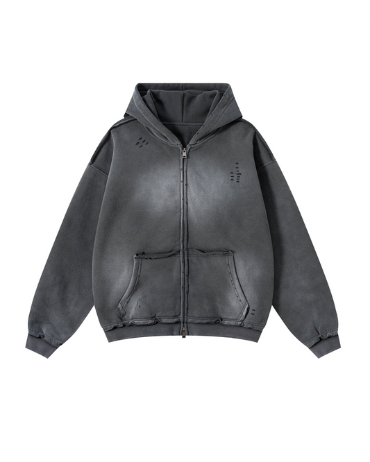 CHARCOAL DISTRESSED ZIP-UP HOODIE — normalized product image