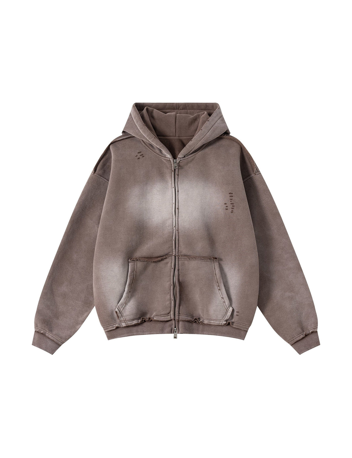 BROWN DISTRESSED ZIP-UP HOODIE Hoodies | STREETWEAR APPAREL | UNDEVELOPED