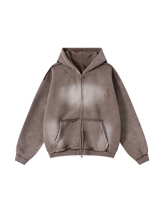 BROWN DISTRESSED ZIP-UP HOODIE Hoodies | STREETWEAR APPAREL | UNDEVELOPED
