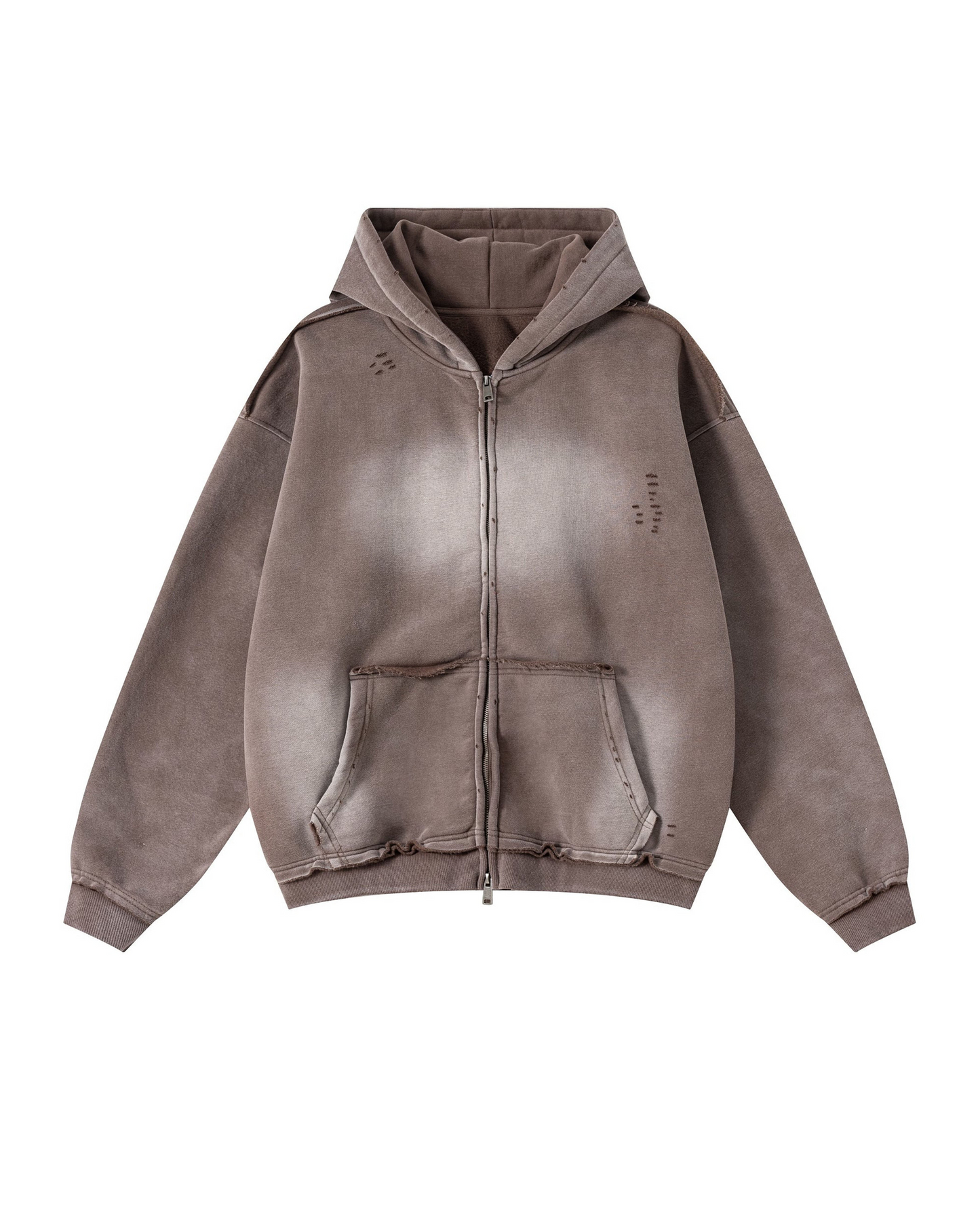 BROWN DISTRESSED ZIP-UP HOODIE — normalized product image