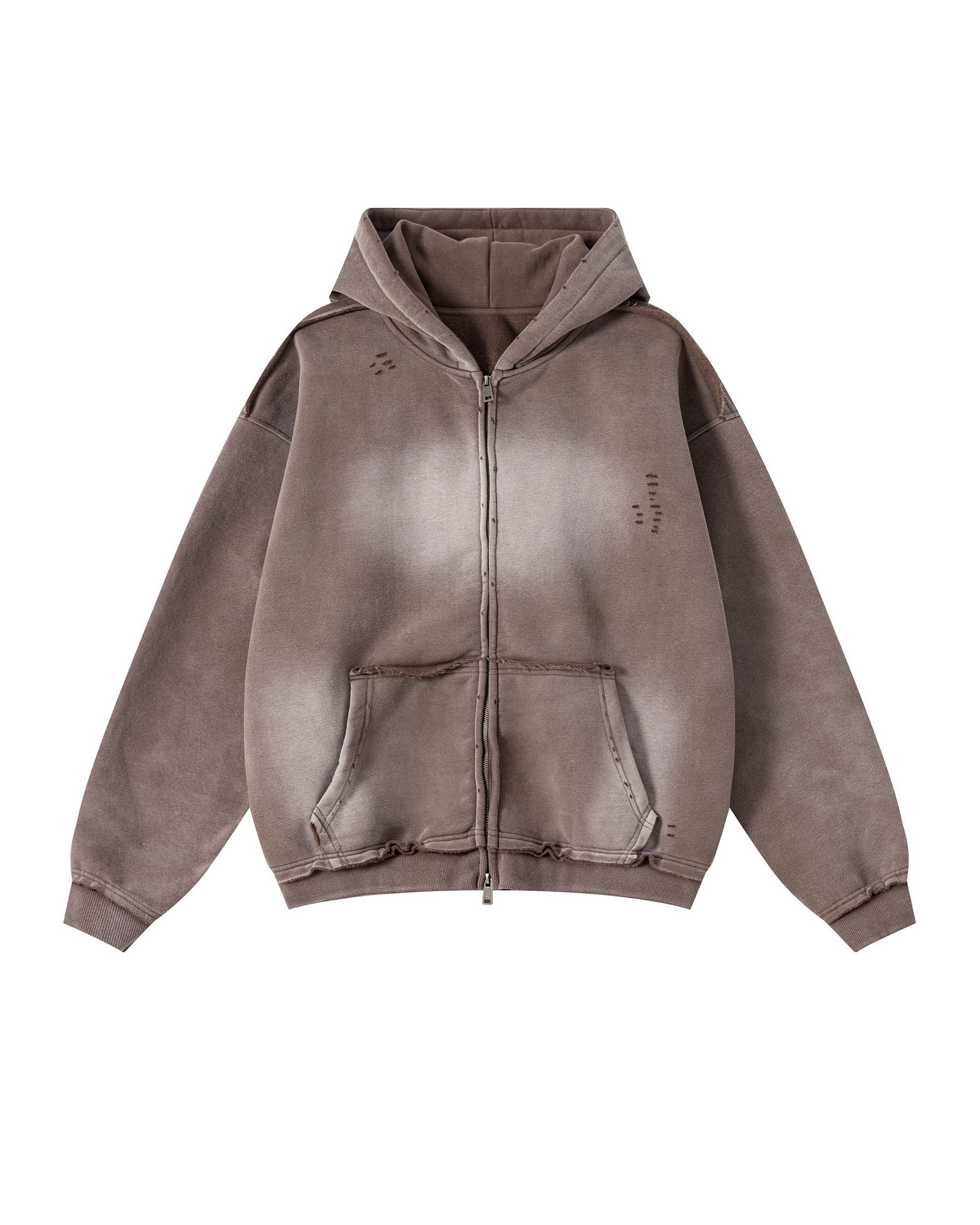 BROWN DISTRESSED ZIP-UP HOODIE — normalized product image