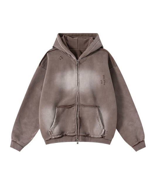 BROWN DISTRESSED ZIP-UP HOODIE — normalized product image