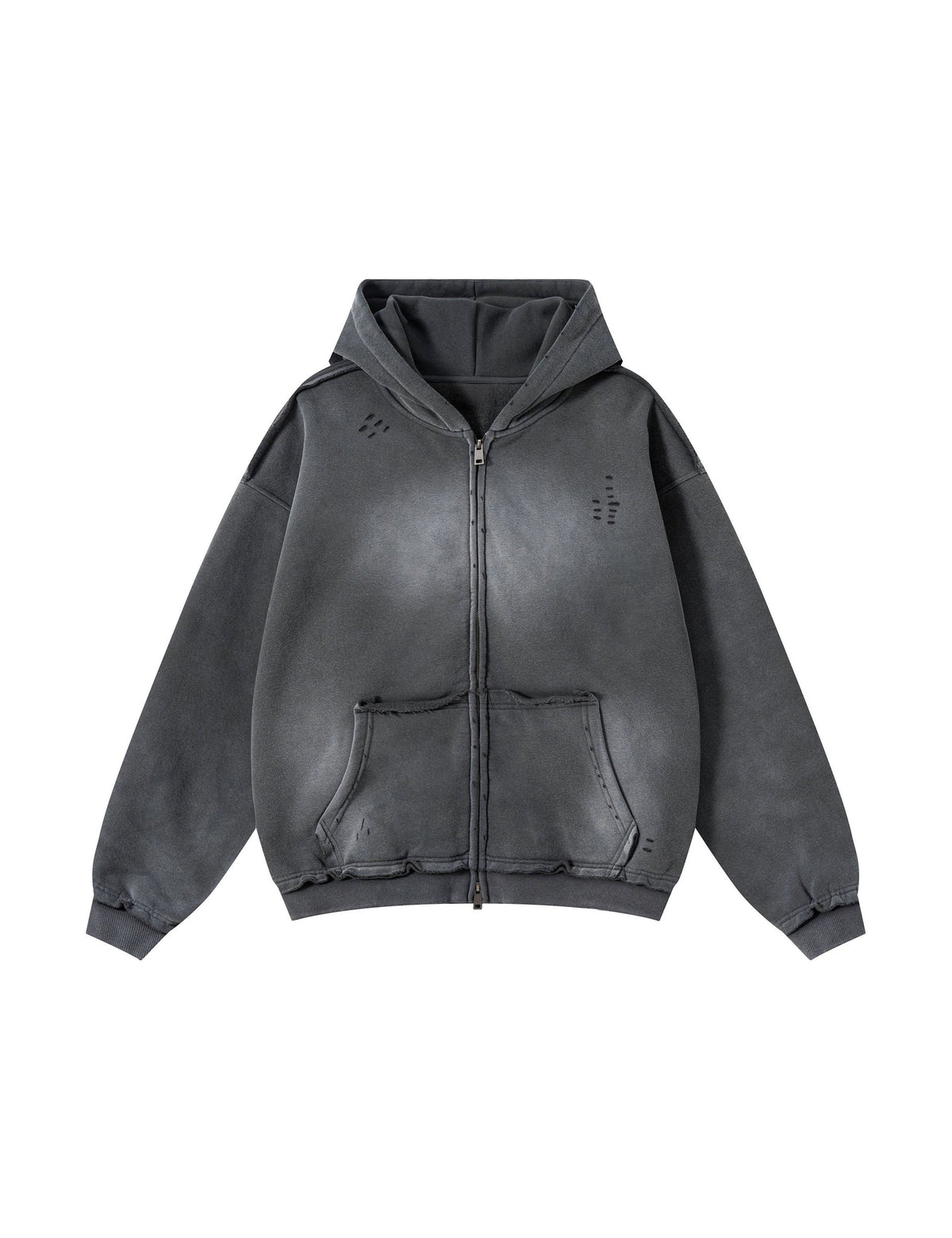 CHARCOAL DISTRESSED ZIP-UP HOODIE Hoodies | STREETWEAR APPAREL | UNDEVELOPED