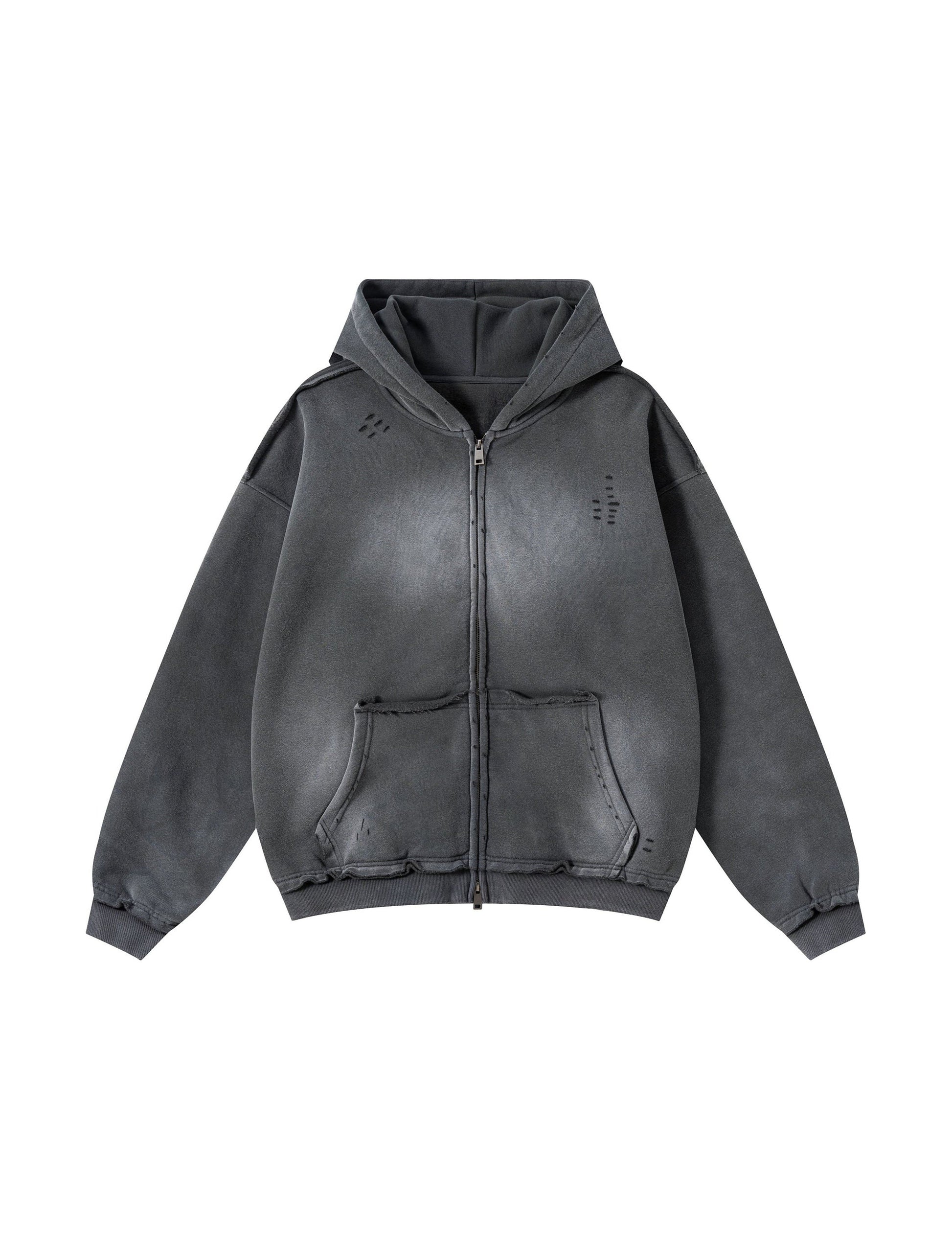 CHARCOAL DISTRESSED ZIP-UP HOODIE Hoodies | STREETWEAR APPAREL | UNDEVELOPED