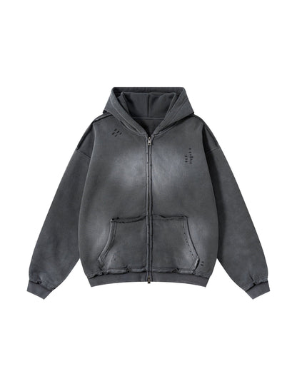 CHARCOAL DISTRESSED ZIP-UP HOODIE Hoodies | STREETWEAR APPAREL | UNDEVELOPED