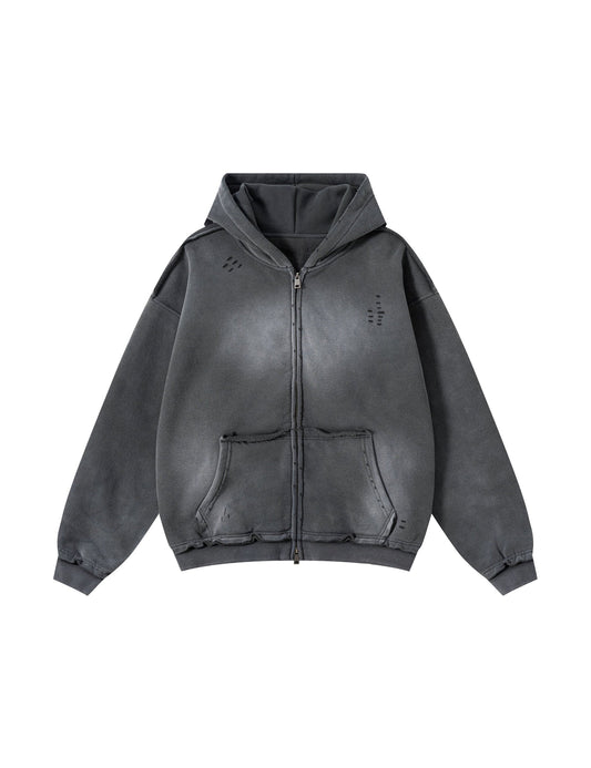CHARCOAL DISTRESSED ZIP-UP HOODIE Hoodies | STREETWEAR APPAREL | UNDEVELOPED