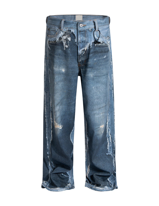 Azul Distressed Printed Denim by UNDEVELOPED — streetwear denim, front view