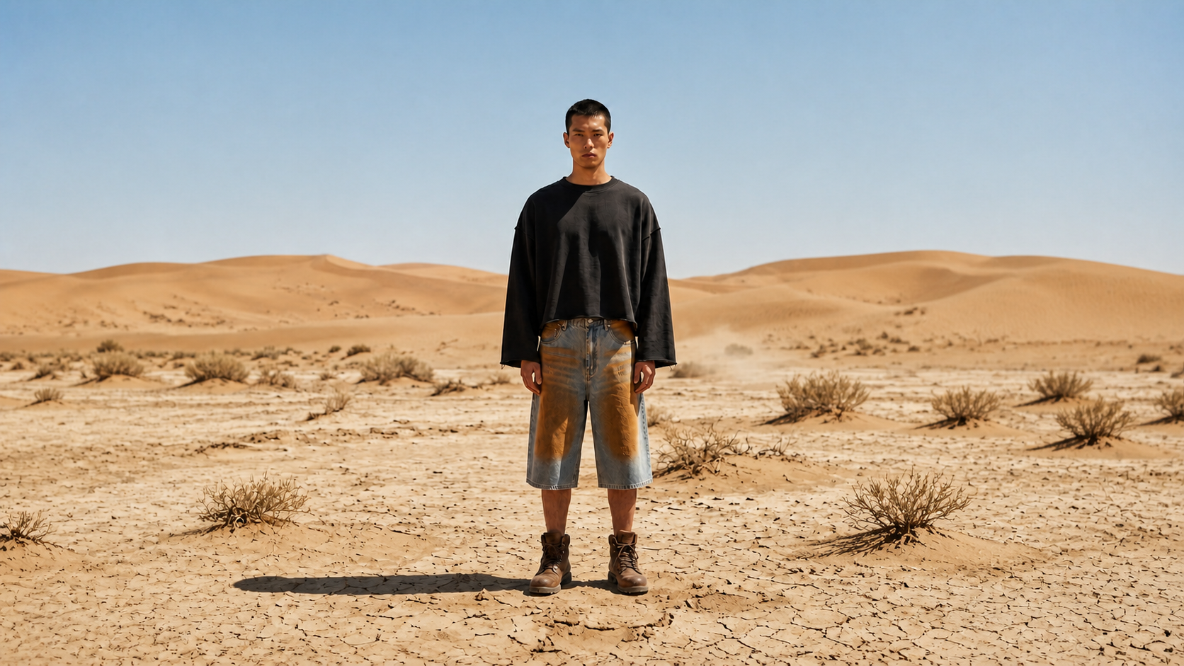 Centered UNDEVELOPED model wearing black cropped sweatshirt and mud-treated denim shorts in a desert